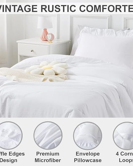 Andency White Comforter Twin Size, 2 Pieces Solid Farmhouse Shabby Chic Ruffle Bedding Comforters & Sets, All Season Soft Lightweight Fluffy Bed Set for Kids Girls Teens - LeafyLoom