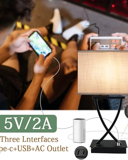 3-Way Dimmable Touch Control Medium Table Lamp with Type C/USB Charging Port and 1 AC Outlet White Shade 21.38" Bedside Nightstand Lamp for Bedroom Living Room Office and Hotel Bulb Included - LeafyLoom
