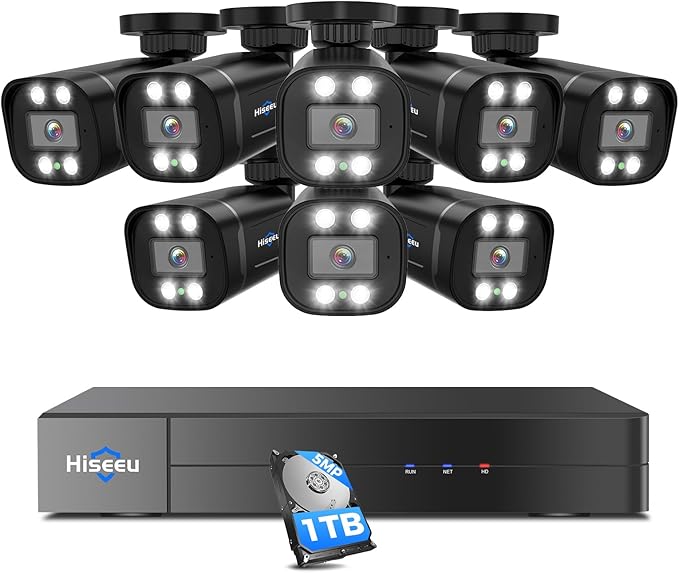 Hiseeu 3K Wired Outdoor Security Camera System with Audio,5MP 8CH Surveillance DVR,8 X5MP IP66 Weatherproof Cameras & 1TB HDD,Dual Light,Human/Vehicle Detection,Smart Playback for Home Security Hiseeu