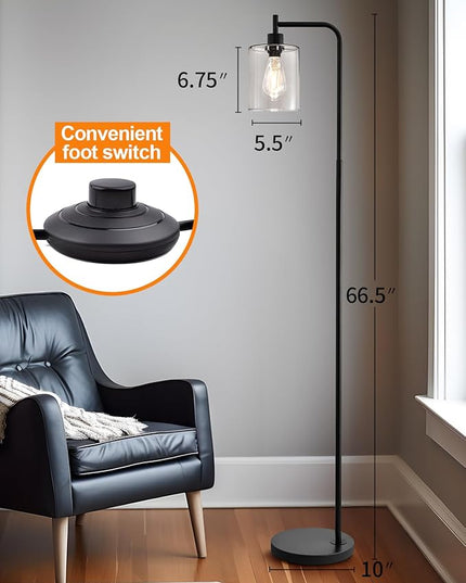 Oneach 66.5'' Industrial Metal Floor Lamp for Living Room Farmhouse Vintage Rustic Style Tall Standing Lamps for Bedroom Office with Glass Shade Modern Minimalist Tall Light Black(Bulb Included) - LeafyLoom
