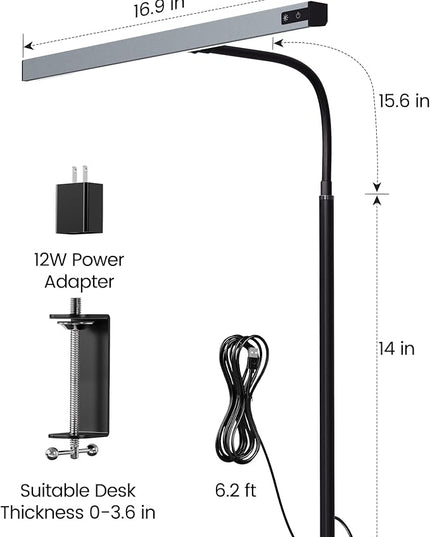 SUPERDANNY LED Desk Lamp for Office Home, Eye-Caring Desk Light with Adjustable Gooseneck, 12W Touch Control Dimmable Brightness, Architect Clamp Lamp with USB Adapter, Grey - LeafyLoom