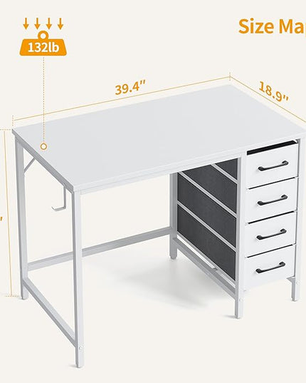 CubiCubi 40 Inch Computer Desk with 4 Drawers, Home Office Small Desk with Storage, Modern Study Writing Desk, White - LeafyLoom