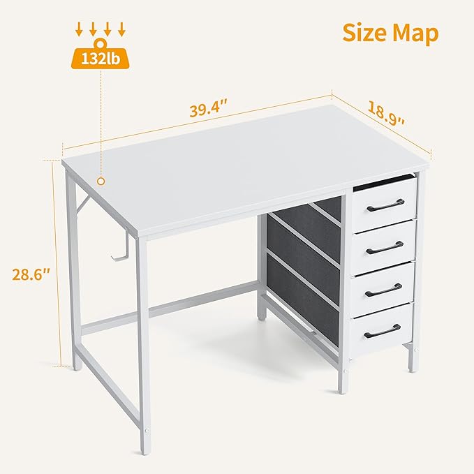 CubiCubi 40 Inch Computer Desk with 4 Drawers, Home Office Small Desk with Storage, Modern Study Writing Desk, White - LeafyLoom