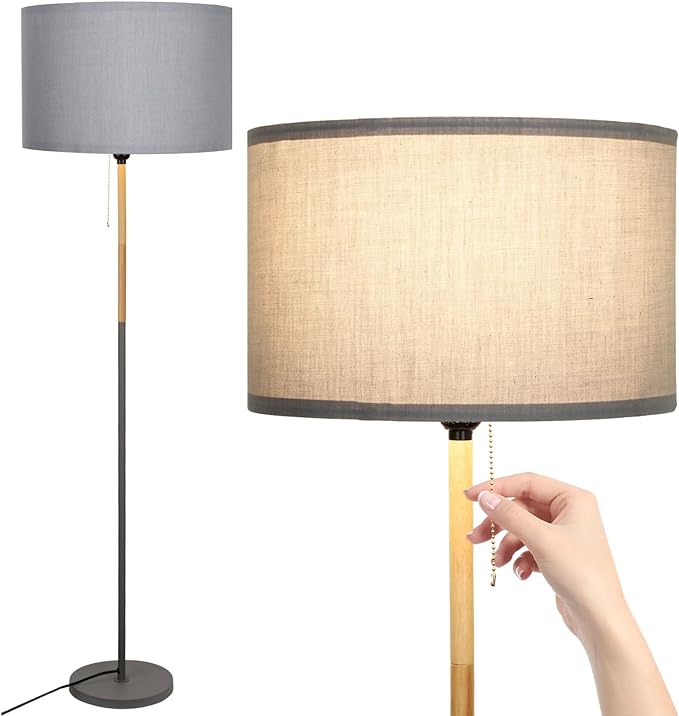 Modern Floor Lamp for Living Room Traditional Farmhouse Floor Lamps Mid-Century Pole Lamp with Linen Lamp Shade, Standing Tall Floor Lamps for Bedrooms and Office (Grey) - LeafyLoom