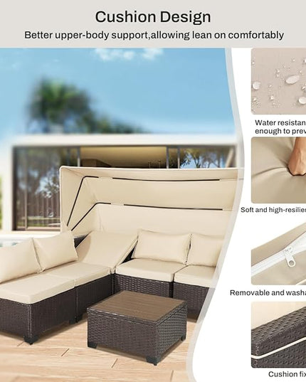 6 PCS Outdoor Patio Furniture Set,Sectional Sofa Set,Rattan Daybed with Retractable Canopy,Adjustable Backrest,Storage Coffee Table for Porch Garden Poolside Backyard(Khaki) - LeafyLoom