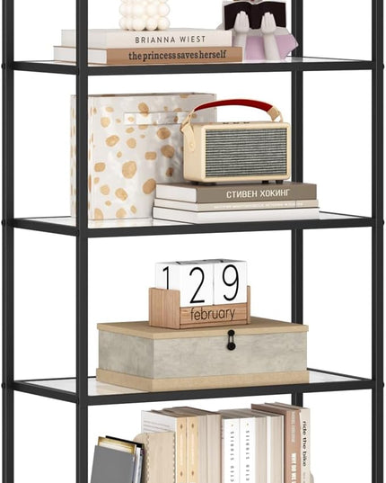 Bookcase Bookshelf, Tempered Glass Bookshelves, Slim Shelving Unit for Bedroom, Bathroom, Home Office, Steel Frame, 6 Tier Black BC21699B - LeafyLoom