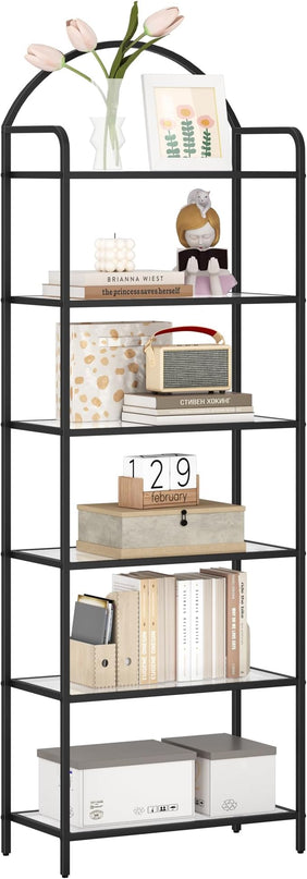 Bookcase Bookshelf, Tempered Glass Bookshelves, Slim Shelving Unit for Bedroom, Bathroom, Home Office, Steel Frame, 6 Tier Black BC21699B - LeafyLoom