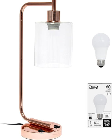 Simple Designs LD1066-RGD-LB Industrial Vintage Bronson Iron Lantern Desk Table Lamp with USB Port and Glass Cylinder Shade for Office, Living Room, Bedroom, Rose Gold, with Feit LED Bulb Included - LeafyLoom