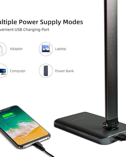 LED Desk Lamp, 5 Levels Dimmable Table Lamp Reading Lamp with USB Charging Port, 5 Lighting Modes, 30 Minutes Auto-Off Timer, Study Lamp, Eye-Caring Office Lamp with Night Light - LeafyLoom