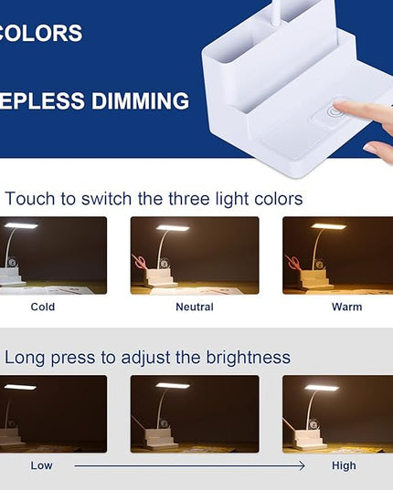 Small LED Desk Lamp with Pen/Phone Holder, Rechargeable Desk Light with Flexible Gooseneck, 3 Color Modes, Stepless Dimming, Eye Caring, Small Study Lamp for Dorm, Bedroom - LeafyLoom