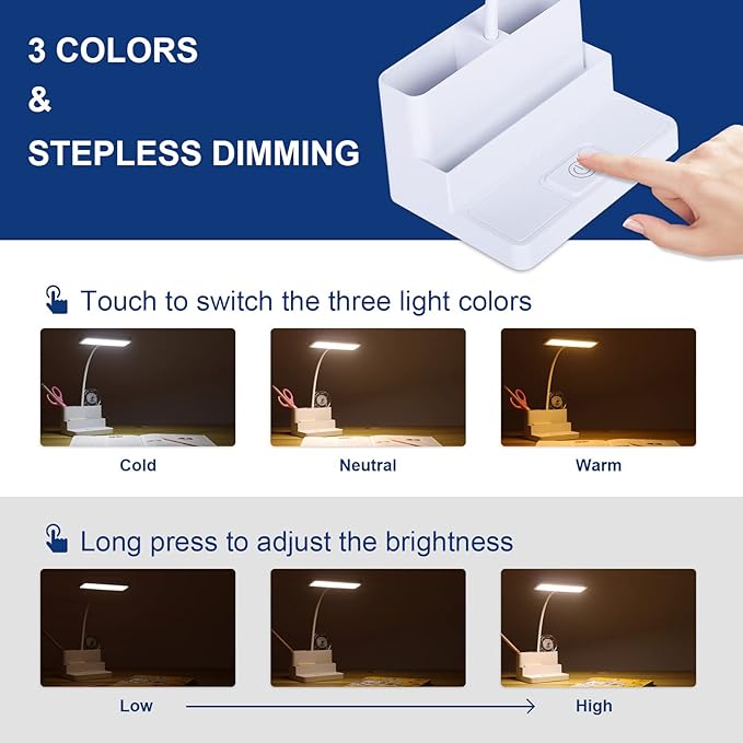 Small LED Desk Lamp with Pen/Phone Holder, Rechargeable Desk Light with Flexible Gooseneck, 3 Color Modes, Stepless Dimming, Eye Caring, Small Study Lamp for Dorm, Bedroom - LeafyLoom