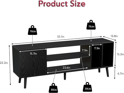 Yusong TV Stand for 55/65 inch TV, Mid Century Modern TV Console Table, Media Entertainment Center with Storage for Living Room Bedroom, Wood TV Cabinet, Oak Black - LeafyLoom