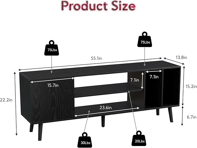 Yusong TV Stand for 55/65 inch TV, Mid Century Modern TV Console Table, Media Entertainment Center with Storage for Living Room Bedroom, Wood TV Cabinet, Oak Black - LeafyLoom