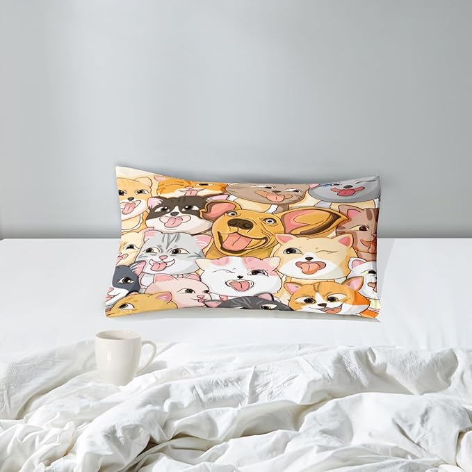 Dog Twin Comforter Set for Boys Bedroom - Dogs Cats Animal Theme Bedding Set for Living Playing Room Ultra Soft Puppy Dogs Kitten Quilt with 1 Pillowcase Kids Room Decor 2Pcs, Twin Size - LeafyLoom