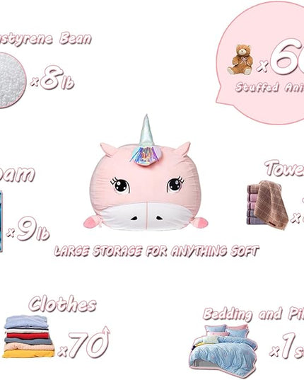Girls Unicorn Bean Bag Chair Pink, Stuffed Animal Storage Organizer for Kids Room Decor, Extra Large Size, Velvet Super Soft Cover Only - LeafyLoom