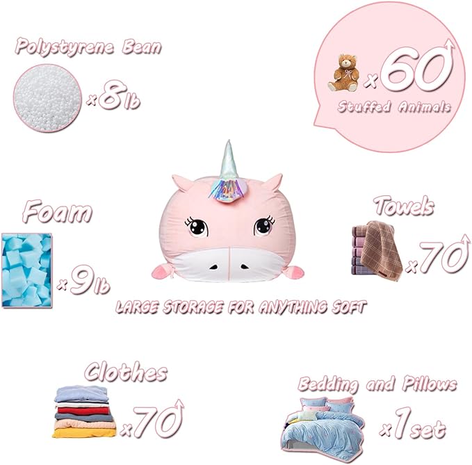 Girls Unicorn Bean Bag Chair Pink, Stuffed Animal Storage Organizer for Kids Room Decor, Extra Large Size, Velvet Super Soft Cover Only - LeafyLoom