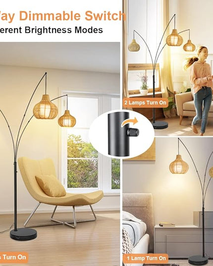 Depuley 3-Light LED Arc Floor Lamps, Adjustable Modern Tall Standing Reading Lamp with Bamboo Lampshades & Marble Base, Rattan Floor Lamp for Living Room Bedroom Office Study, E26 Bulbs Included - LeafyLoom