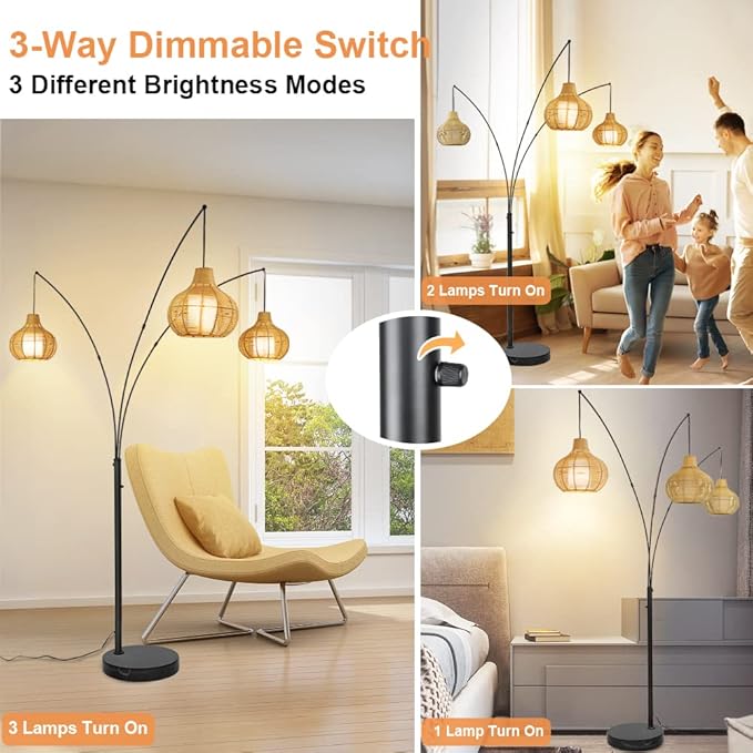 Depuley 3-Light LED Arc Floor Lamps, Adjustable Modern Tall Standing Reading Lamp with Bamboo Lampshades & Marble Base, Rattan Floor Lamp for Living Room Bedroom Office Study, E26 Bulbs Included - LeafyLoom