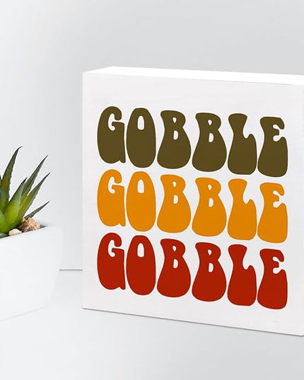 Autumn Desk Decor,Groovy Gobble Gobble Fall Thanksgiving Wood Block Sign Desk Decor,Rustic Autumn Seasonal Wooden Box Plaque Sign Desk Decor for Home Shelf Table Decorations - LeafyLoom