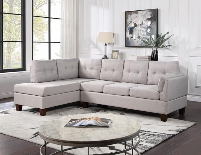 Living Room L-Shape Sectional Sofa with Left Facing Chaise, Linen Upholstered Reversible Corner Couch for Home, Small Space, Apartment, Light Gray, 97 Inch - LeafyLoom
