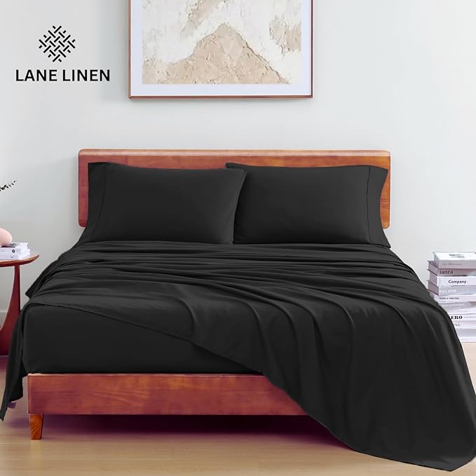 LANE LINEN 100% Organic Cotton Twin Bed Sheet Set, 3 Pc Twin Size Sheets Set, Soft & Breathable Twin Sheet Set Boys, Hotel Style Bedding Sheets & Pillowcases, 15" Deep Twin Fitted Sheet - Black - LeafyLoom