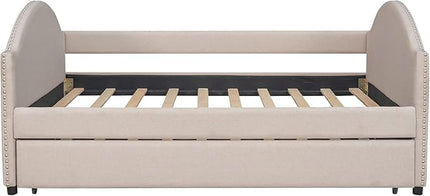 Full Size Upholstered Daybed with Twin Size Trundle, Wood Slat Support, Beige - LeafyLoom