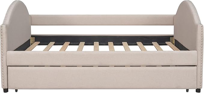 Full Size Upholstered Daybed with Twin Size Trundle, Wood Slat Support, Beige - LeafyLoom