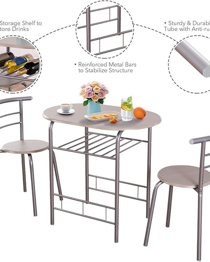 DORTALA 3PCS Dining Table Set, 1 table & 2 chairs set, 3 Piece Compact Dining Set, Oval Table & Mid-back Chairs w/Built-in Wine Rack, Suitable for Small Space, Silver & Natural - LeafyLoom