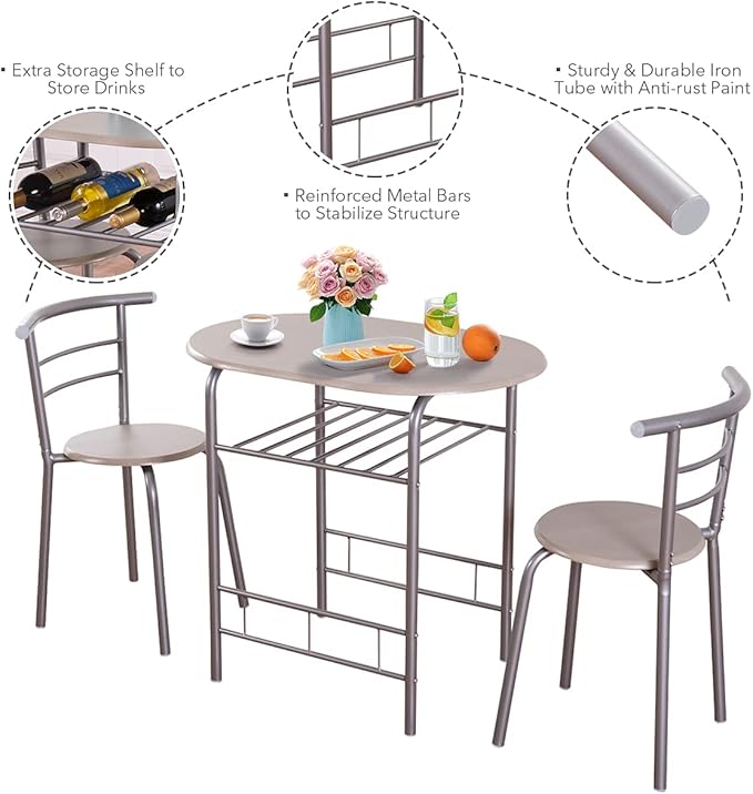 DORTALA 3PCS Dining Table Set, 1 table & 2 chairs set, 3 Piece Compact Dining Set, Oval Table & Mid-back Chairs w/Built-in Wine Rack, Suitable for Small Space, Silver & Natural - LeafyLoom