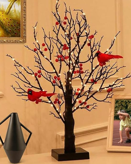21in Black Birch Tree with 60 Led Lights, Twinkle Tree Lamp with Lighted Branches, Fairy Light Spirit Tree with 2 Red Birds for Room Decor, Easter, Halloween, Thanksgiving, Christmas, New Year, etc. - LeafyLoom