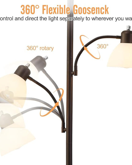 Luvkczc Torchiere Floor Lamps for Living Room with 2 Reading Lamps, Modern Tall Standing Lamps, Industrial Bright Floor Lamp for Bedroom, Office, Dresser, 3 LED Bulbs Included - LeafyLoom