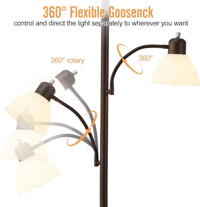 Luvkczc Torchiere Floor Lamps for Living Room with 2 Reading Lamps, Modern Tall Standing Lamps, Industrial Bright Floor Lamp for Bedroom, Office, Dresser, 3 LED Bulbs Included - LeafyLoom