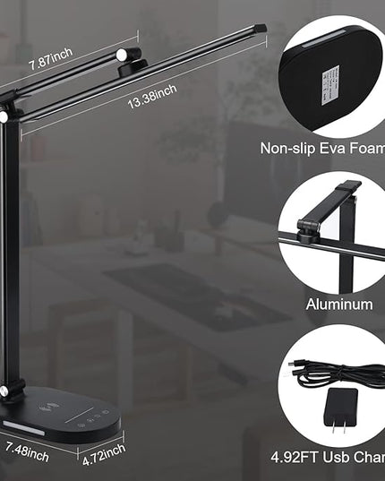 LED Desk Lamp with Wireless Charger, USB Charging Port, Touch Control, 5 Color Modes, 5 Brightness Level, Eye-Caring Desk Lamp for Study Reading, 1H Timer, Home Office Table Lamp - LeafyLoom