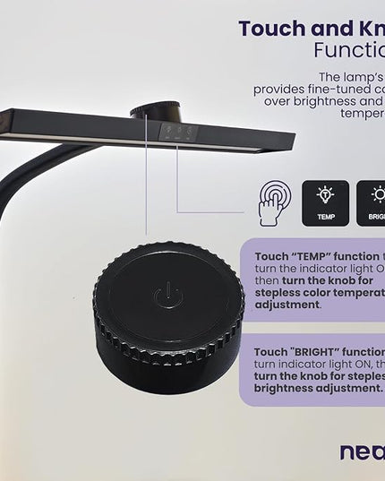 Neatfi LED Desk Lamp with 6-Level Brightness, Adjustable 2700~6500K Color Temperature, 14” Wide, Timer & Charging Port - Touch & Knob Control, 800 Lumens, Dimmable LED Table Light, 24W, CRI 85 (Black) - LeafyLoom