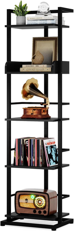 Bookshelf 5-Tier Bookshelf: Tall Corner Bookcase Industrial Narrow Book Shelves Vintage Wood Bookshelf Storage Organizer Display Book Rack for Living Room Bedroom Office Home (Black) - LeafyLoom