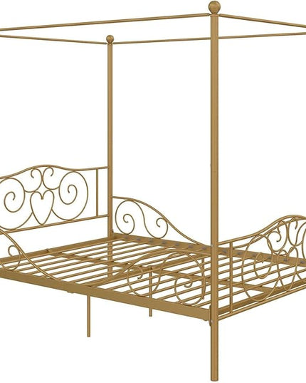 DHP Metal Canopy Kids Platform Bed with Four Poster Design, Scrollwork Headboard and Footboard, Underbed Storage Space, No Box Sring Needed, Full, Gold - LeafyLoom