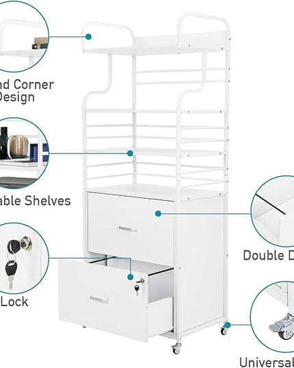 Vertical File Cabinet, 2 Drawer Mobile Filing Cabinet with 3 Bookshelf, Printer Stand with Open Storage Shelves Fits A4/Letter/Legal Size File Cabinets for Home Office Organizer, White - LeafyLoom