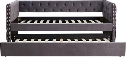 Twin Size Velvet Upholstered Daybed with Twin Trundle, Solid Wood Sofa Bed w/Button Tufted Backrest, for Living Room, Bedroom, Dorm, No Box Spring Needed, Space-Saving Design, Grey - LeafyLoom