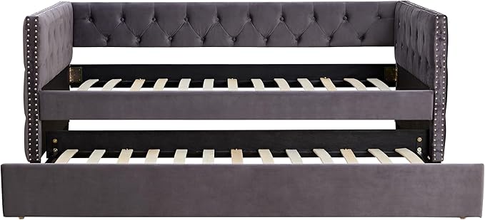 Twin Size Velvet Upholstered Daybed with Twin Trundle, Solid Wood Sofa Bed w/Button Tufted Backrest, for Living Room, Bedroom, Dorm, No Box Spring Needed, Space-Saving Design, Grey - LeafyLoom