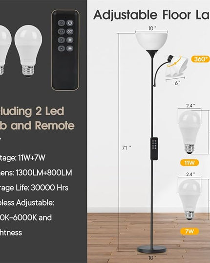 Led Floor Lamp, Super Bright 11W+7W 2100LM Torchiere Floor Lamps for Living Room, Stepless Adjustable 3000K-6000K Temperatures with Remote Control for Bedroom - LeafyLoom