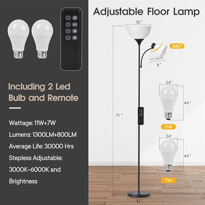Led Floor Lamp, Super Bright 11W+7W 2100LM Torchiere Floor Lamps for Living Room, Stepless Adjustable 3000K-6000K Temperatures with Remote Control for Bedroom - LeafyLoom