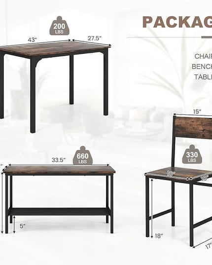 Dining Table Set for 4, Dinette Set w/Bench & Chairs, 2-Person Kitchen Table and Chairs w/Metal Frame & Storage Rack, Space-Saving Kitchen Table w/Bench for Apartment (Rustic Brown), Small - LeafyLoom