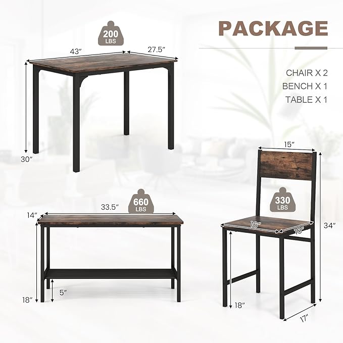 Dining Table Set for 4, Dinette Set w/Bench & Chairs, 2-Person Kitchen Table and Chairs w/Metal Frame & Storage Rack, Space-Saving Kitchen Table w/Bench for Apartment (Rustic Brown), Small - LeafyLoom