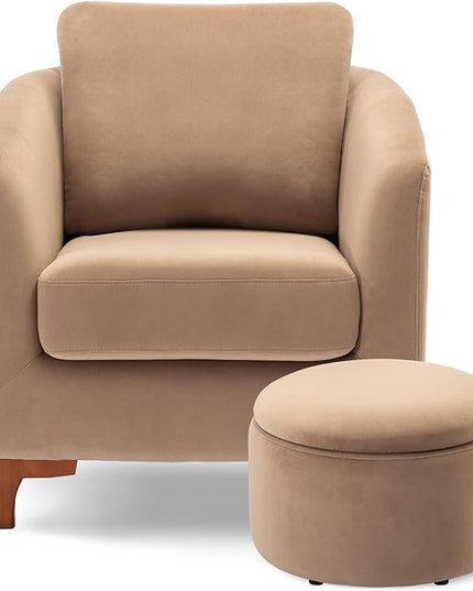 COLAMY Velvet Accent Chair with Storage Ottoman Set, Upholstered Barrel Arm Chair with Footrest, Modern Living Room Chair with Back Pillow, Camel - LeafyLoom