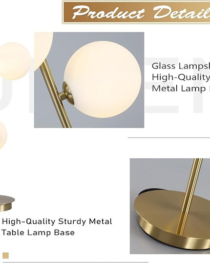 Modern Glass Globe Table Lamp 3 Lights Mid Century Small Gold Desk Lamp Contemporary Minimalist Brass Bedside Table Lamps with White Glass Shade Reading Lamp for Bedroom Office G9 MTL03-W - LeafyLoom