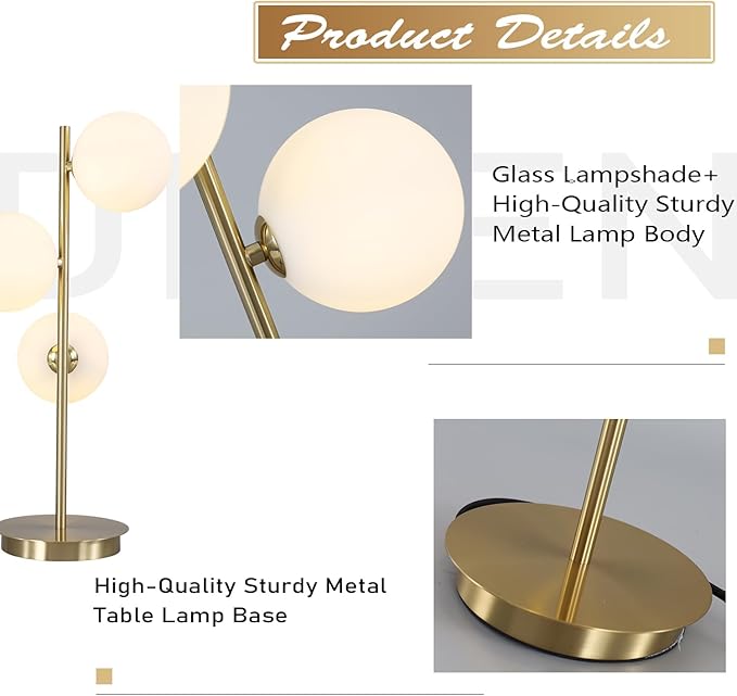Modern Glass Globe Table Lamp 3 Lights Mid Century Small Gold Desk Lamp Contemporary Minimalist Brass Bedside Table Lamps with White Glass Shade Reading Lamp for Bedroom Office G9 MTL03-W - LeafyLoom
