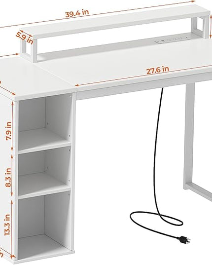 White Computer Desk with LED Lights and Power Outlets 39.4 inch Home Office Desk with Storage Shelves, Small Writing Desk with Monitor Stand for Bedroom, Workstation - LeafyLoom