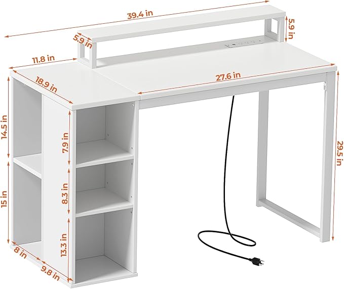 White Computer Desk with LED Lights and Power Outlets 39.4 inch Home Office Desk with Storage Shelves, Small Writing Desk with Monitor Stand for Bedroom, Workstation - LeafyLoom