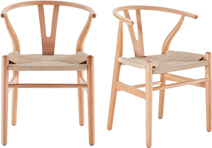 Farini Rattan Chairs for Dining Room Wishbone Chair Solid Wood Armchairs Y Shaped Backrest Hemp Seat for Home Restaurant Fully-Assembled(Set of 2,Nature-Beige Seat) - LeafyLoom