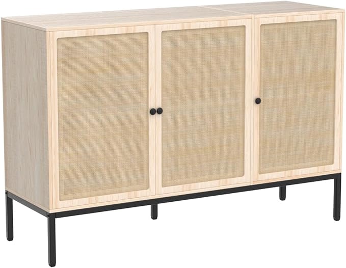 Sideboard Buffet Cabinet with Handmade Natural Decorated Doors, Buffet Cabinet Rattan Cabinet, Sideboard Cabinet with Metal Legs for Living Room, Hallway, Entryway Natural 3 Doors - LeafyLoom